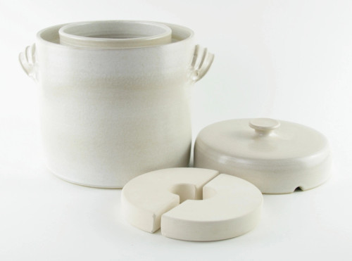 Traditional hand crafted stoneware fermentation vessel with weights