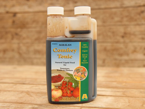 A bottle of concentrated natural comfrey tonic liquid feed