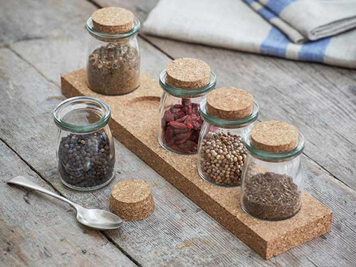 cork spice rack with jars