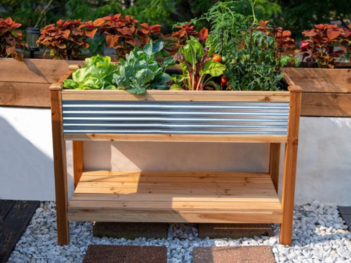 Galvanised and cedar wood elevated planter