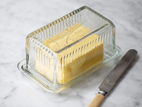 embossed glass butter dish with lid